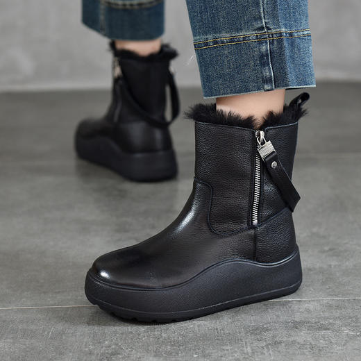 TN T876-68加厚雪地靴双拉链头层牛皮厚底短靴防滑加绒真皮靴 商品图1