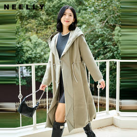 NEELLY纳俪商场同款冬季新款羽绒拼接连帽双面呢大衣女长款外套N24104N07764