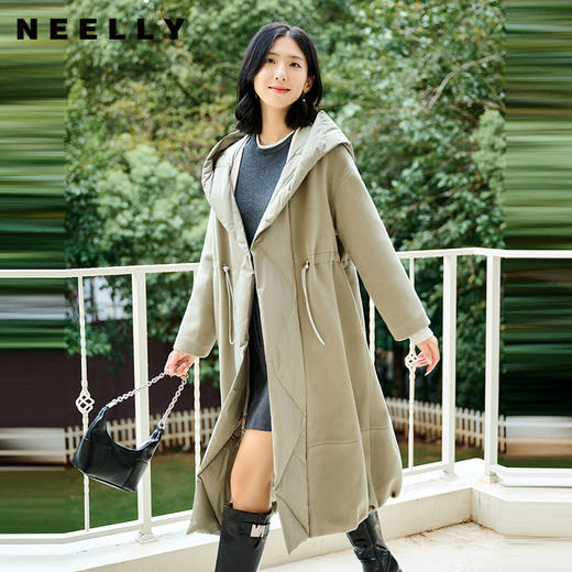 NEELLY纳俪商场同款冬季新款羽绒拼接连帽双面呢大衣女长款外套N24104N07764 商品图0