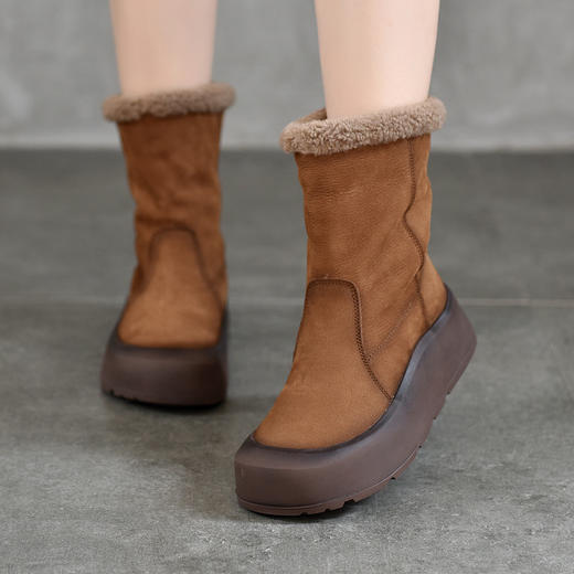 TNGT868-61R 复古休闲厚底头层牛皮中筒靴两穿短靴羊羔绒加棉女靴头真皮毛毛靴 商品图0