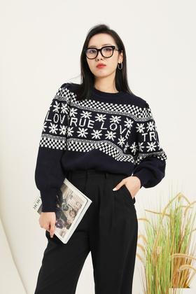 ANSUABEL 趣味标语花朵格纹针织上衣 14888
