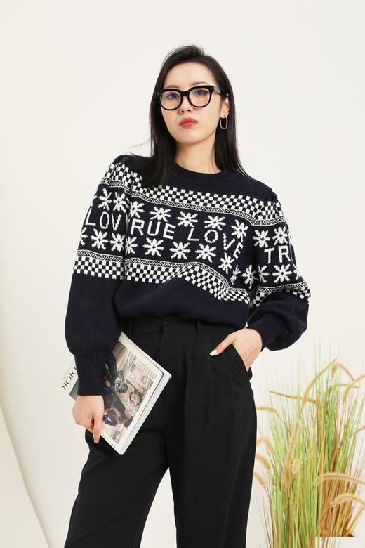 ANSUABEL 趣味标语花朵格纹针织上衣 14888 商品图0