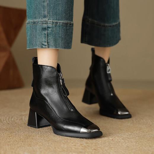 【预售5天】5.5cm前拉链短靴粗跟棕色，洋气春秋单靴金属方头靴YCJX&HL-6112 商品图3