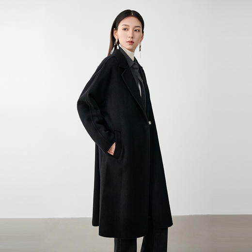 NEELLY纳俪商场同款冬季新款廓形绵羊毛双面毛呢大衣黑色外套女N24104N07774 商品图3