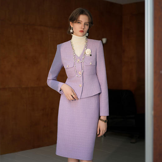 IWY/ 格雷系设计感V领紫色小香风西装套装女秋冬通勤商务高级感两件套CS2073 商品图2