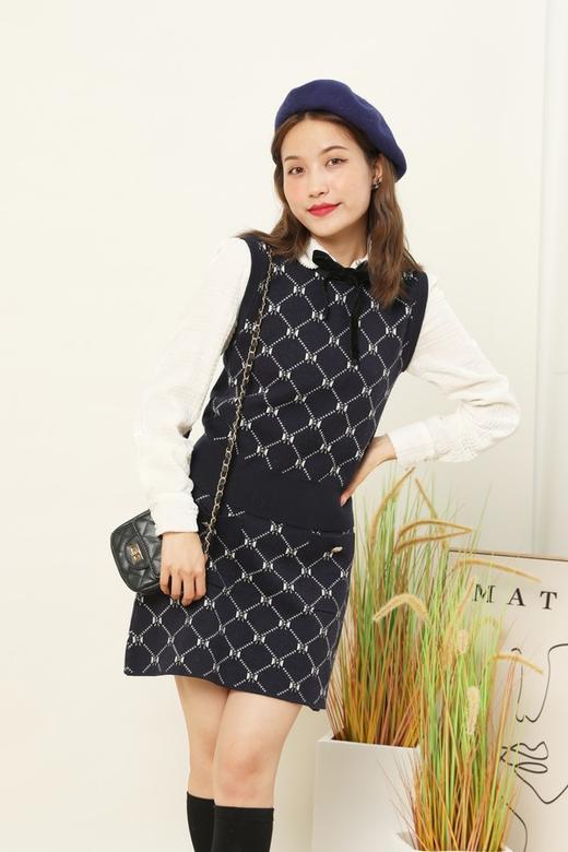 amadella 蝴蝶结菱格纹图案背心半裙针织套装 14895 商品图1