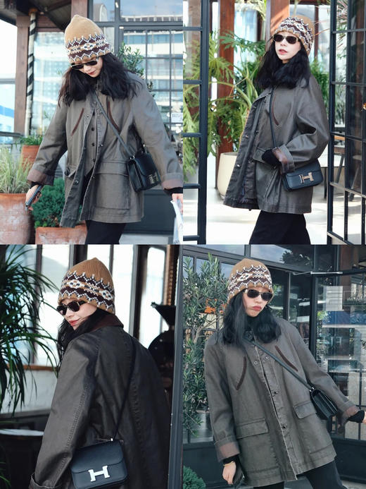 HIDEMI 澳洲进口美利奴羊毛手绘复古费尔岛提花多股粗砂纱加厚款毛衣大外套/针织毛线帽套装 卡其色\灰色 商品图6