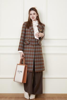 ESTELLICA 翻领学院棕色格纹拼接长大衣 19393