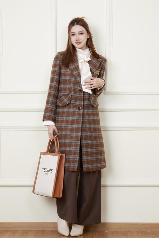 ESTELLICA 翻领学院棕色格纹拼接长大衣 19393 商品图0