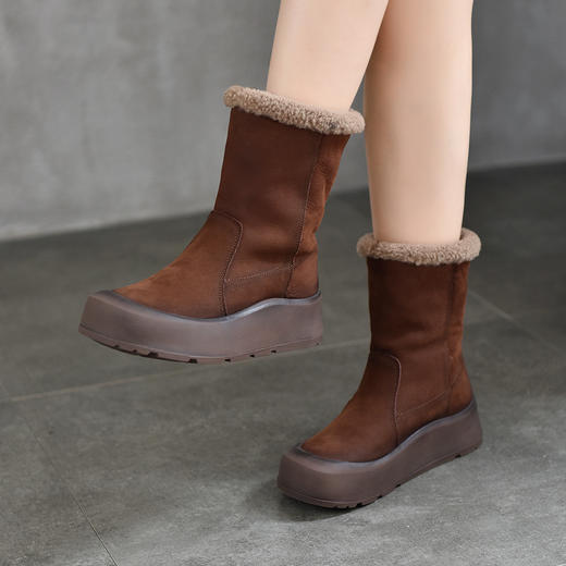 TNGT868-61R 复古休闲厚底头层牛皮中筒靴两穿短靴羊羔绒加棉女靴头真皮毛毛靴 商品图3