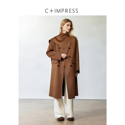 西嘉山羊绒绵羊毛混纺围巾领两穿双面呢大衣2024冬上新DY2404052 商品图3