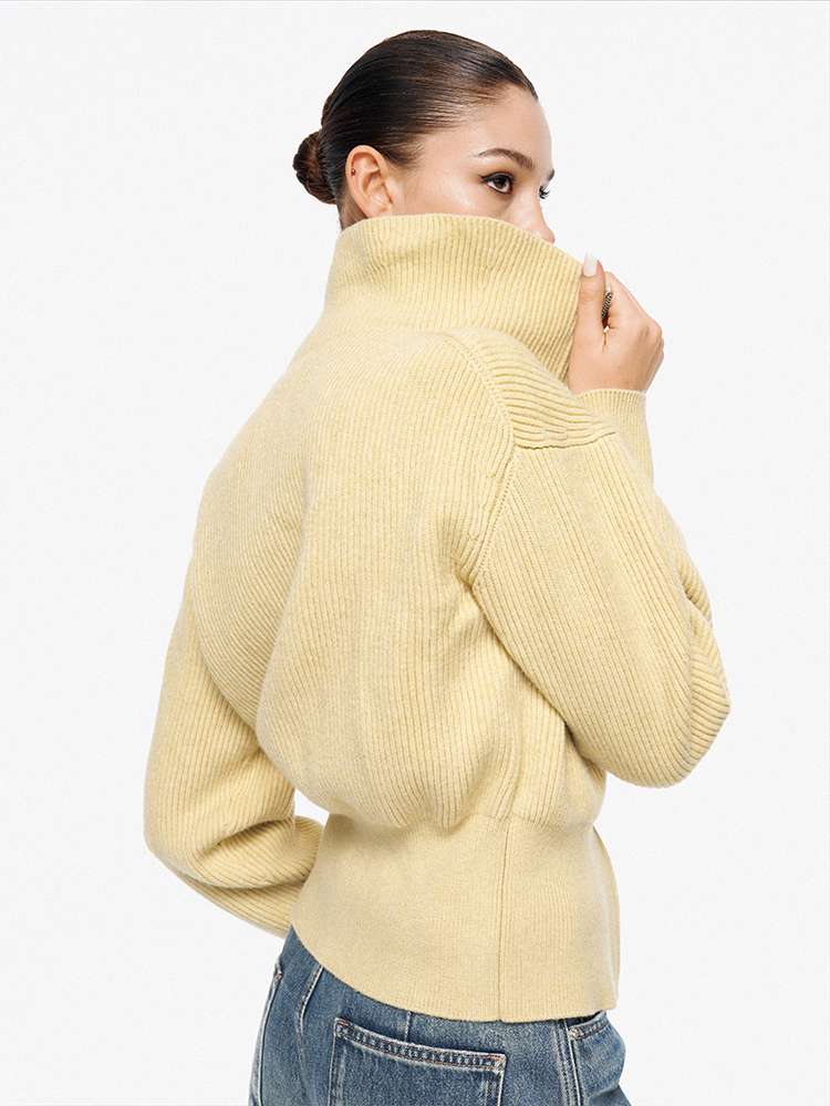 TR她热 溏心主义 鹅黄色针织罗纹双拉链宽松百搭立领开衫外套