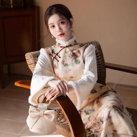 复古民国风丝麻，倒大袖旗袍毛绒领保暖舒适YG-2497 商品图3