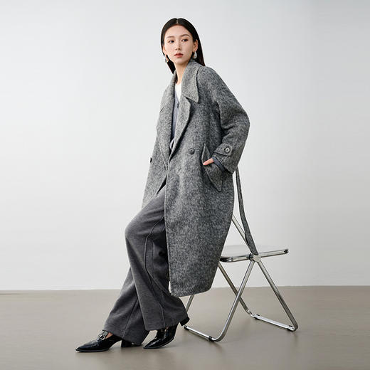 NEELLY纳俪商场同款冬季新款高级感绵羊毛兔毛双面呢大衣女灰色N24104N04401 商品图3