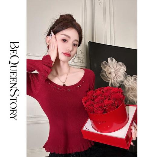 余潇潇红人上新【玫瑰花月】早秋上衣轻奢宽领口荷叶边修身毛衣 商品图2