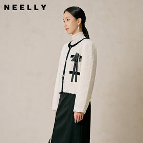 NEELLY纳俪商场同款冬季新款法式小香风黑白撞色毛绒感短外套女N23104C06607