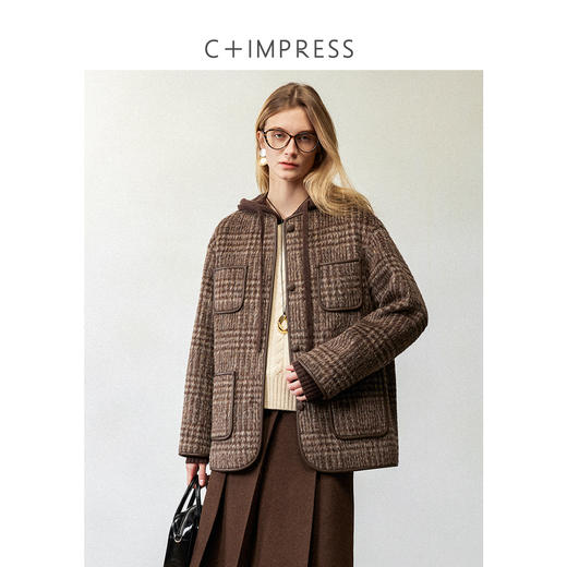 西嘉羊驼马海毛羊毛复古格纹拼皮小香外套2024冬上新(货号:WT2404065) 商品图2