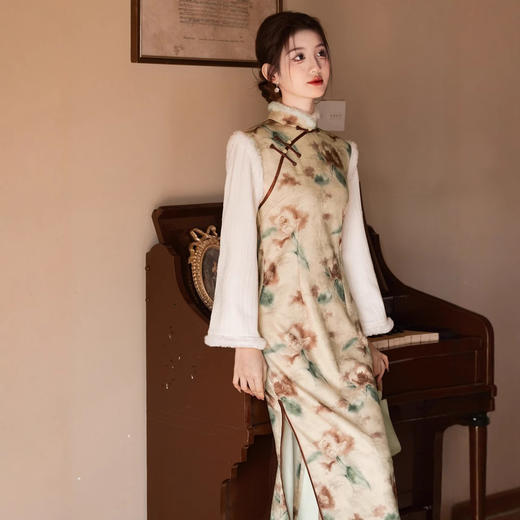 复古民国风丝麻，倒大袖旗袍毛绒领保暖舒适YG-2497 商品图1