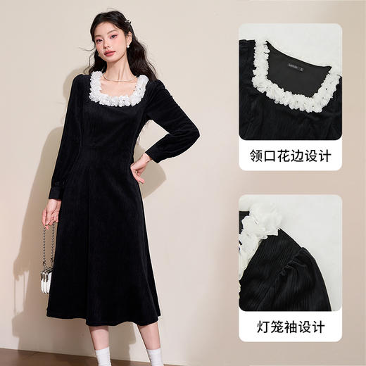 法式优雅丝绒连衣裙女秋冬甜美花边圆领长袖小黑裙V4343574 商品图2