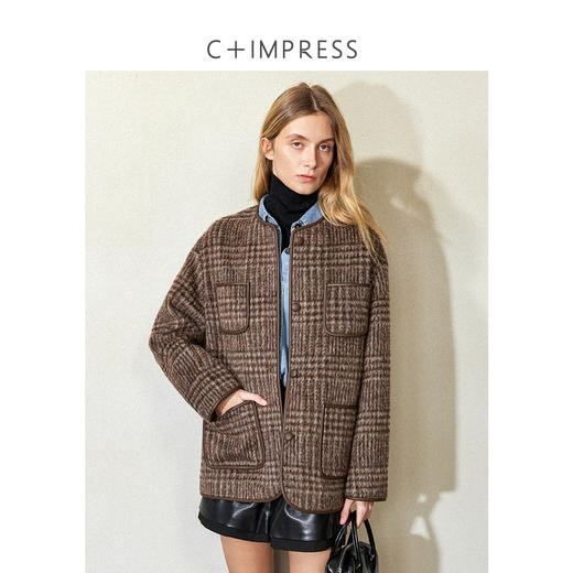 西嘉羊驼马海毛羊毛复古格纹拼皮小香外套2024冬上新(货号:WT2404065) 商品图3