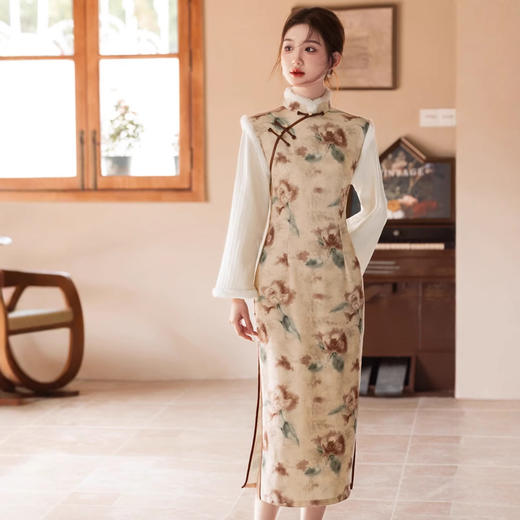 复古民国风丝麻，倒大袖旗袍毛绒领保暖舒适YG-2497 商品图0