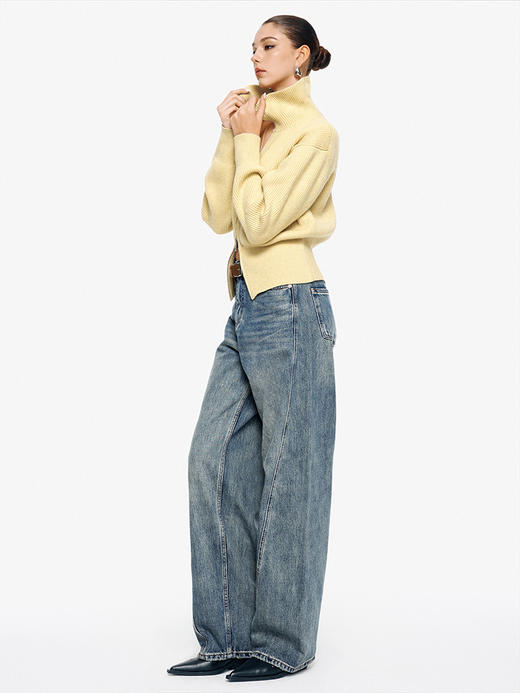 TR她热 溏心主义 鹅黄色针织罗纹双拉链宽松百搭立领开衫外套 商品图1