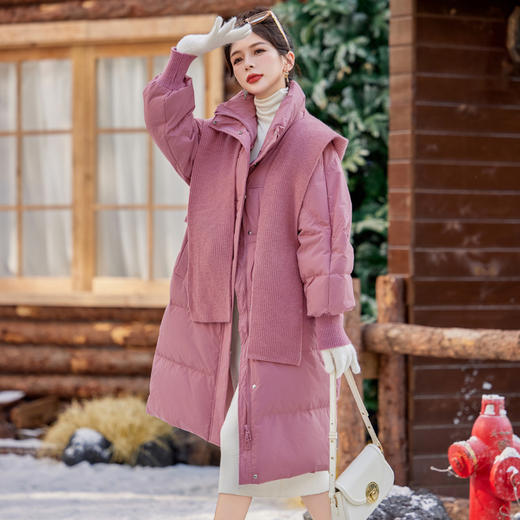 百搭长款纯色立领连帽，针织披肩大气鸭绒羽绒服YJLY1363A 商品图0