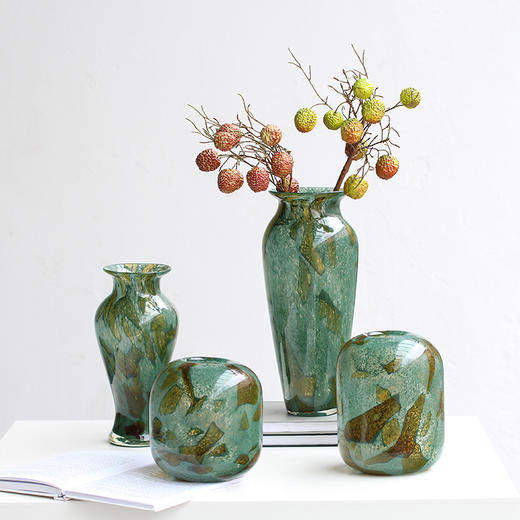 新中式渐变绿斑纹复古玻璃花瓶简约台面餐桌客厅玄关软装家居装饰 商品图2