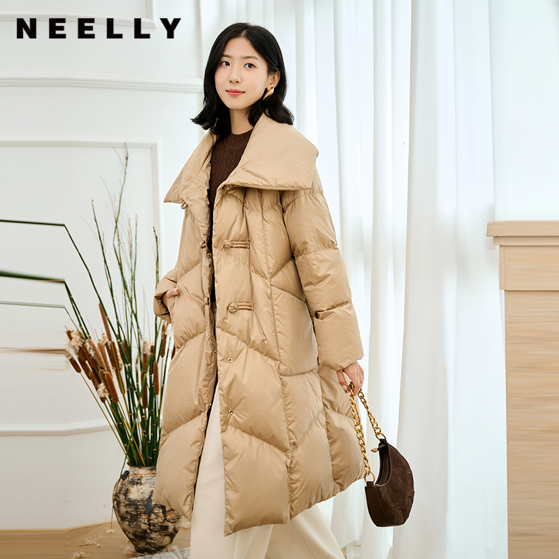 NEELLY纳俪商场同款冬季新款大翻领90%鸭绒中长款保暖羽绒服女N24104L07740