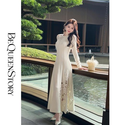 【七夕福利，不退不换】【静香花影】重工花朵刺绣收腰伞摆气质长款连衣裙 商品图2