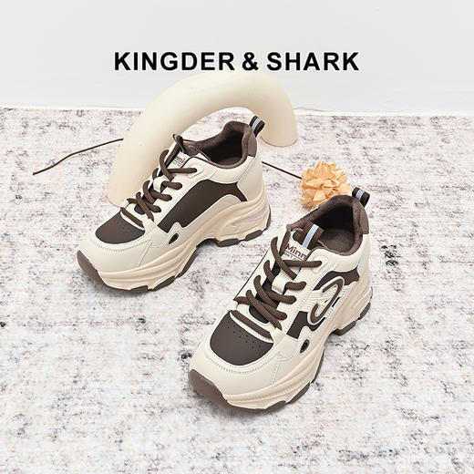 经典鲨2024年冬季款韩版拼色系带加绒舒适显高休闲老爹鞋女KW160-D58291 商品图0