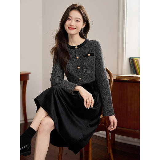 【专属特价】熙世界小香风花呢拼接丝绒连衣裙女秋冬季法式复古收腰假两件裙子 商品图1