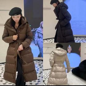 【YW】无忧购法式温柔长款过膝修身腰带款连帽50%白鸭绒羽绒服24083#