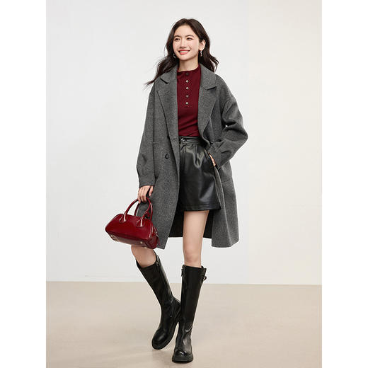 【年终特卖】熙世界翻驳领双面呢羊毛大衣女中长款冬季新款高级感灰色毛呢外套 商品图5