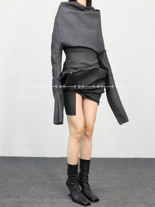 Rick Owens｜垂坠粉笔黑弹力牛仔布迷你裙 商品图1