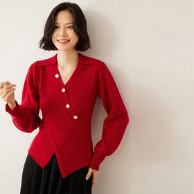 【高货QJ】全新升级【铂金会员395/天猫529/差价134】(10753) 洛诗琳设计感交叉裹身POLO领毛衣修身收腰显瘦针织羊绒衫