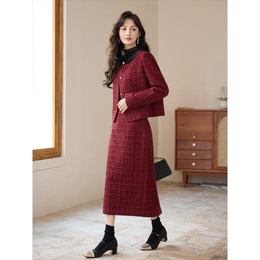 【专属特惠】熙世界红色小香风套装女秋冬季名媛气质粗花呢短外套半身裙两件套 商品图3