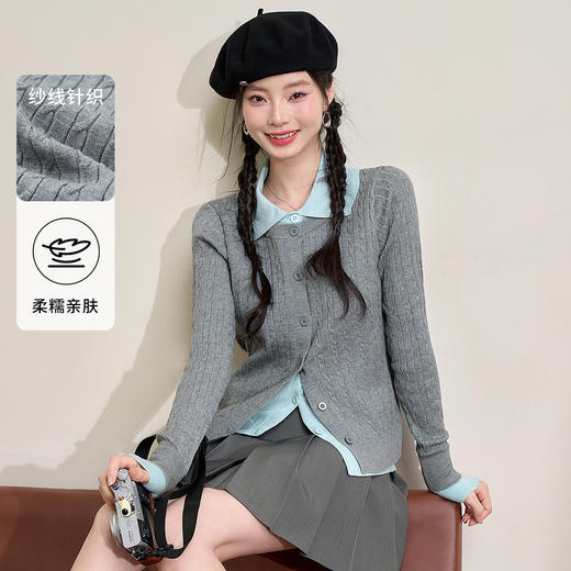 西遇短款翻领假两件上衣女新款简约通勤撞色拼接长袖D0043908 商品图0