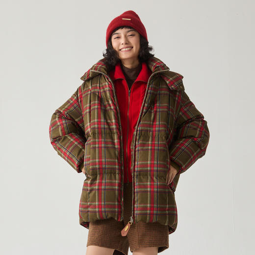 谜底红色格子羽绒服女2024冬新品复古风宽松加厚面包服244MY1491 商品图0