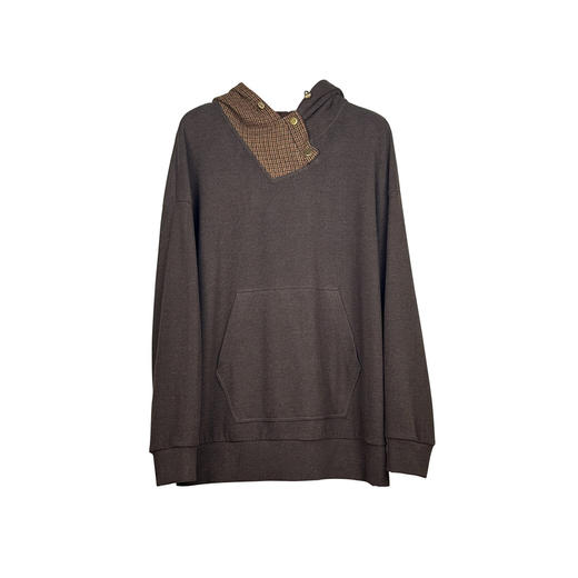 谜底连帽卫衣女2024冬季新品复古风拼接格子中长款宽松244MV1650 商品图4