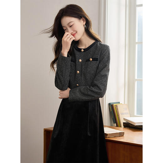 【专属特价】熙世界小香风花呢拼接丝绒连衣裙女秋冬季法式复古收腰假两件裙子 商品图2