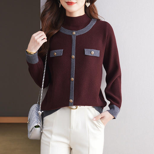 CC-15-2286半高领毛衣女秋冬内搭假两件上衣2024新款洋气拼色羊毛针织打底衫 商品图1