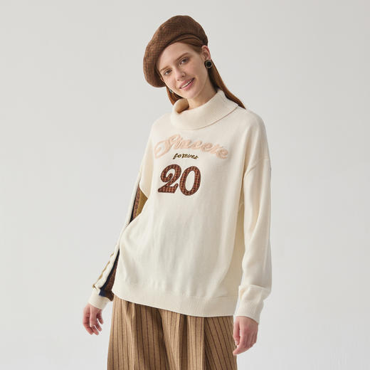 谜底高领毛衣女2024冬新品百搭绣花羊毛混纺套头针织衫244MZ1943 商品图1