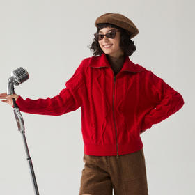 谜底红色毛衣女2024冬新品新年红拉链门襟短款针织开衫244MZ1942