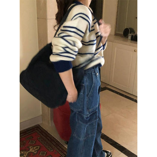 2024秋冬季新款韩国东大门清爽撞色双条纹插肩袖套头毛衣！ 商品图2