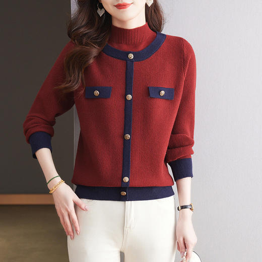 CC-15-2286半高领毛衣女秋冬内搭假两件上衣2024新款洋气拼色羊毛针织打底衫 商品图3