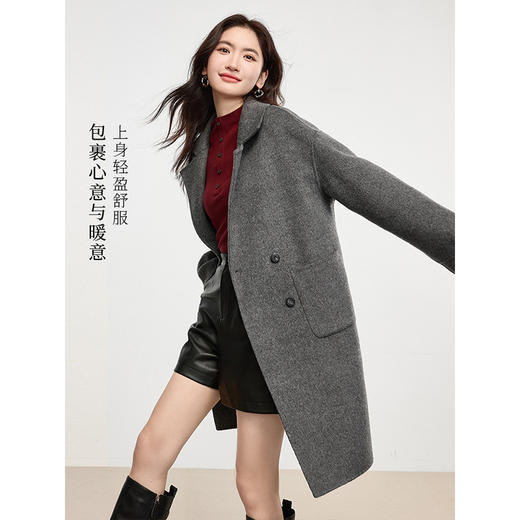 【年终特卖】熙世界翻驳领双面呢羊毛大衣女中长款冬季新款高级感灰色毛呢外套 商品图6