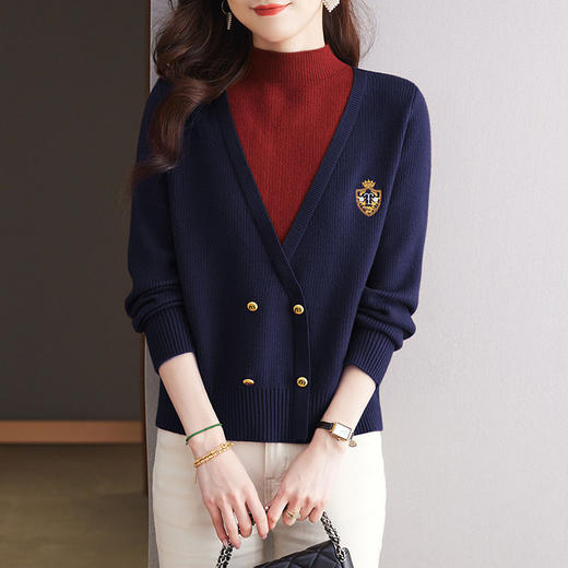 CC-15-2285安哥拉红色假两件针织衫女冬2024新款时尚半高领毛衣内搭打底上衣 商品图1