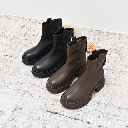 经典鲨2024年冬季新款百搭圆头加绒保暖平底后拉链短筒靴女KW385-D58021 商品图4