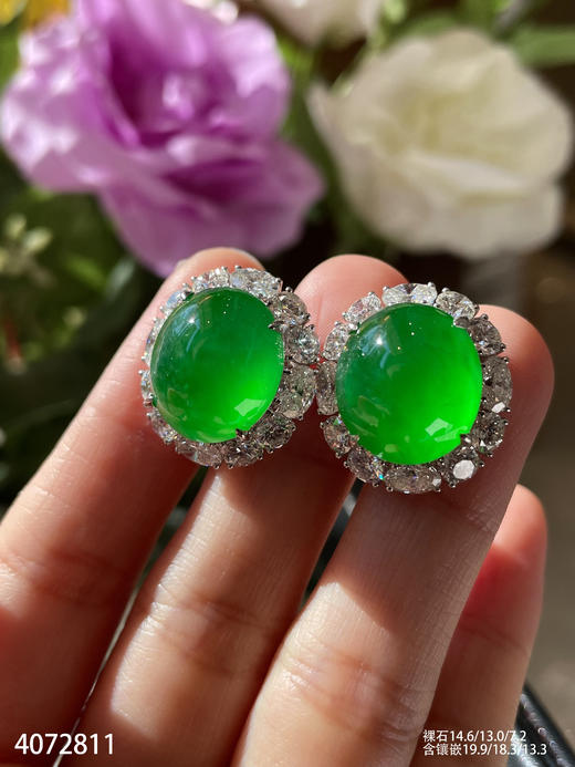 老坑玻璃种帝王绿蛋面耳钉【4072811】具体价格微信咨询 商品图5